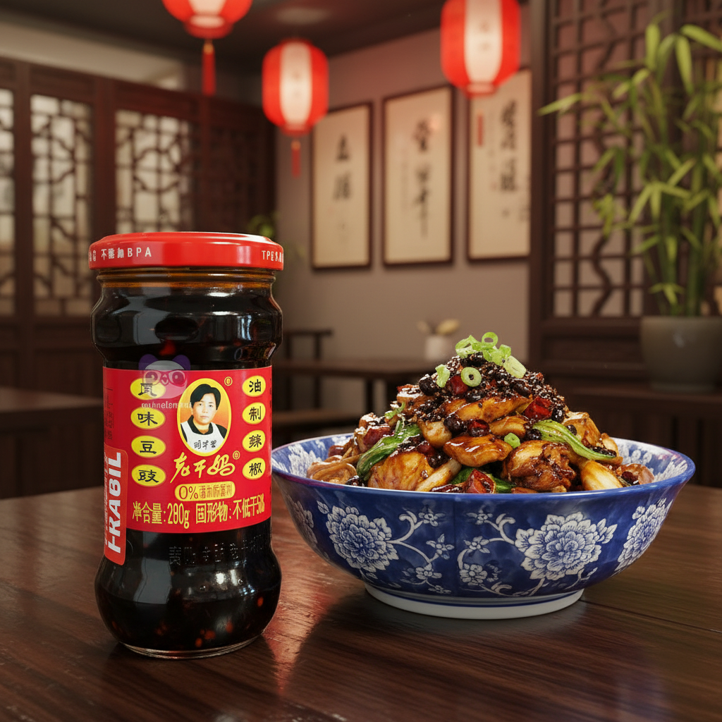 Mei Wei: Arroz frito com molho de pimenta Lao Gan Ma - tigela azul decorada com arroz temperado ao lado do vidro de molho tradicional chinês em ambiente asiático