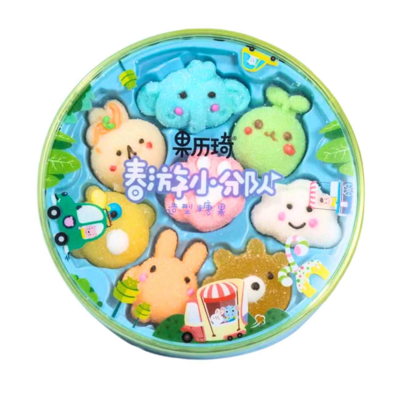 Lata redonda de balas de gelatina coloridas em formato de animais fofos, marca 果历琦 春游小分队 造型糖果 Mei Wei