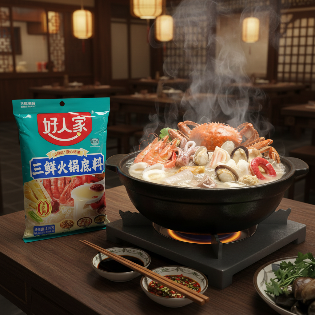 Base Chinesa para Hot Pot Sabor Três Delícias do Mar – Hao Ren Jia 130g - 好人家三鲜火锅底料