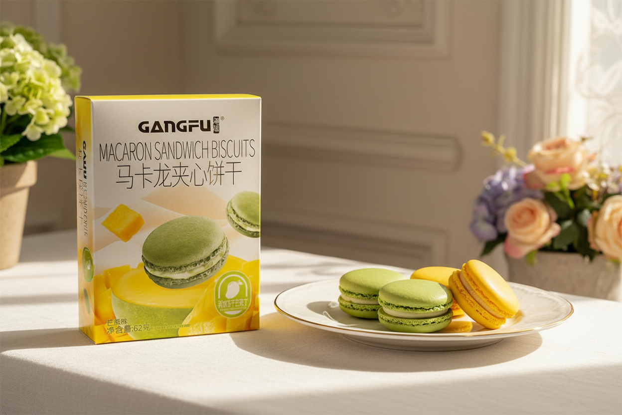 Biscoito Tipo Macaron Recheado de Manga Gangfu 62g- 港福 马卡龙夹心饼干 芒果味