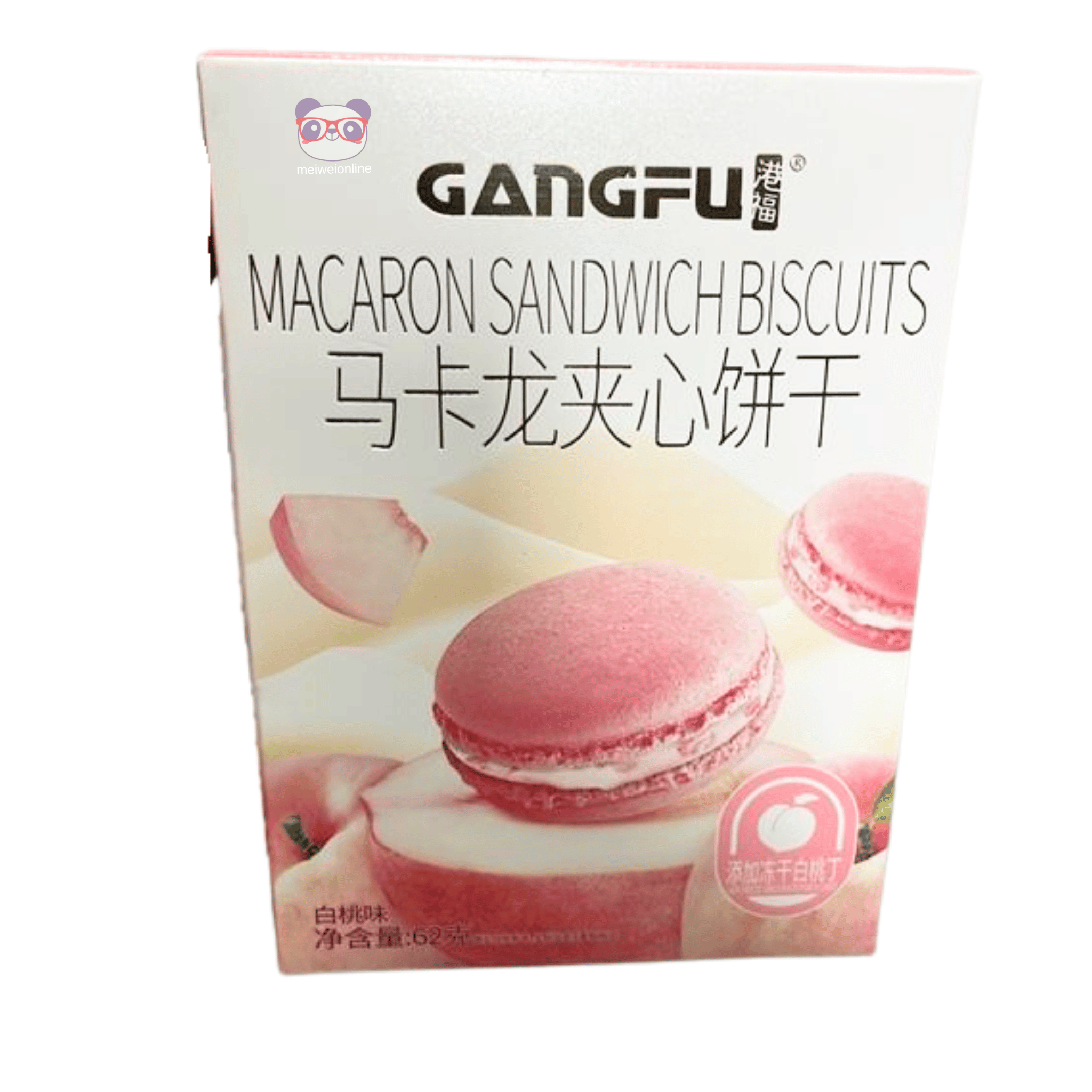 Mei Wei Biscoito tipo macaron recheado sabor pêssego Gangfu caixa 62g