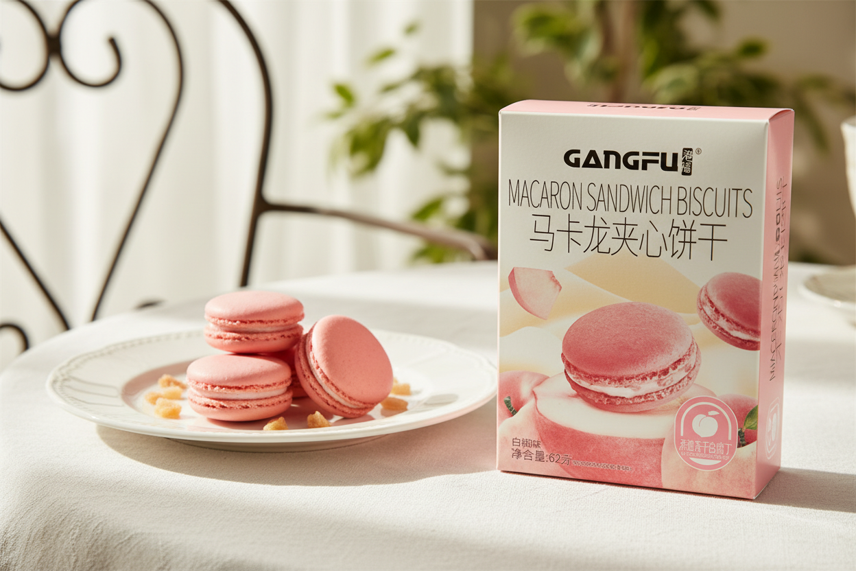 Biscoito Tipo Macaron Recheado de Pêssego Gangfu 62g - 港福 马卡龙夹心饼干 白桃味