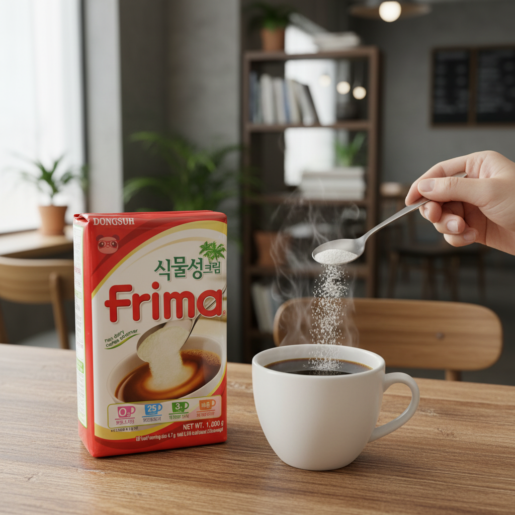 Mei Wei: Café cremoso com creme em pó Frima (식물성크림) - mão adicionando Coffee Creamer coreano em xícara branca de café em mesa de madeira