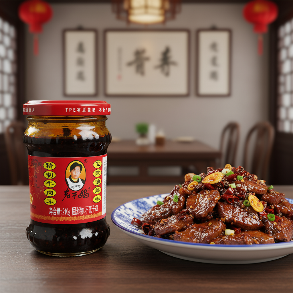 Mei Wei: Carne bovina salteada com molho de pimenta e carne Lao Gan Ma (老干妈牛肉末) - prato de carne com gergelim, amendoim e cebolinha em restaurante tradicional chinês