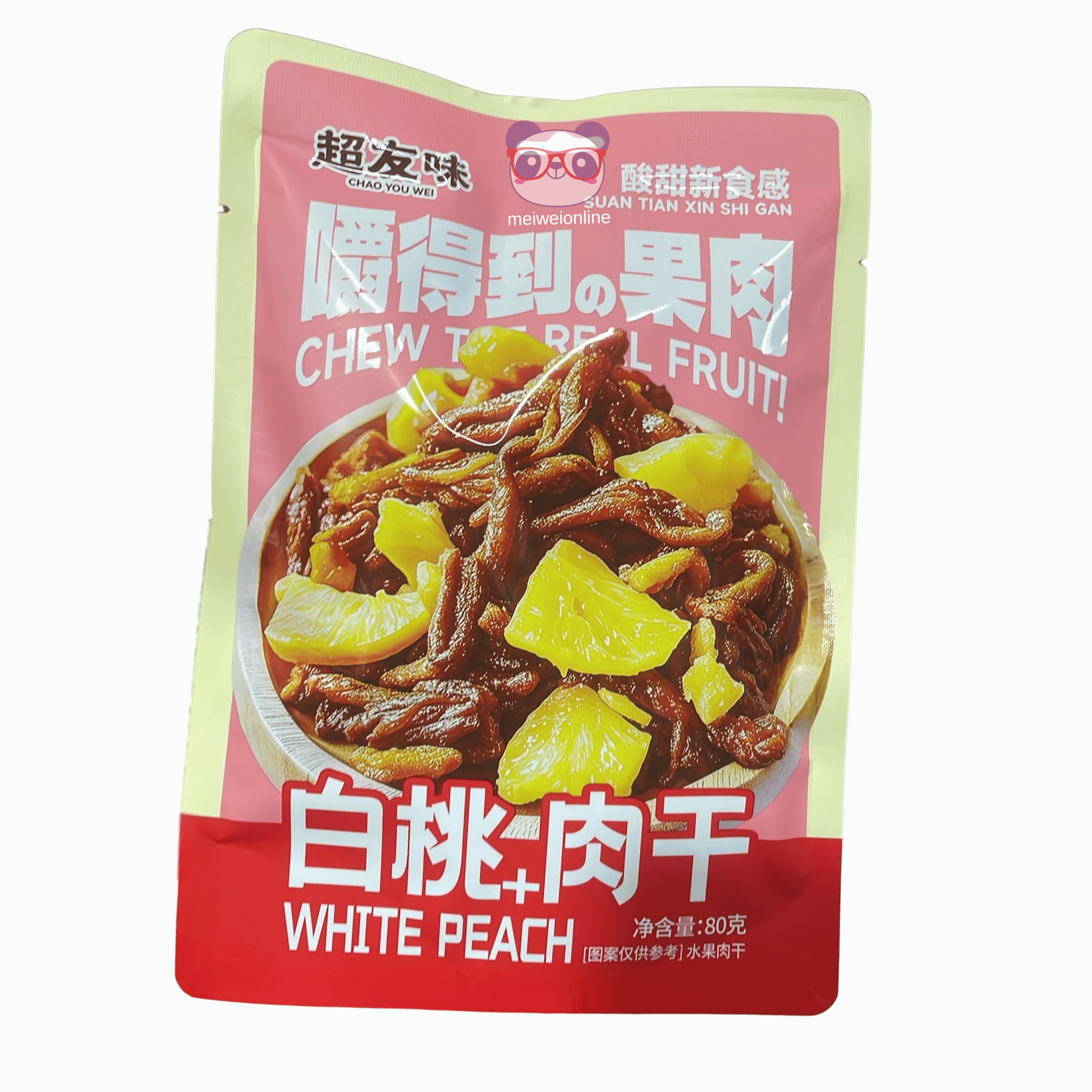 Mei Wei Embalagem de carne seca de frango com pêssego Chao You Wei 80g snack agridoce oriental