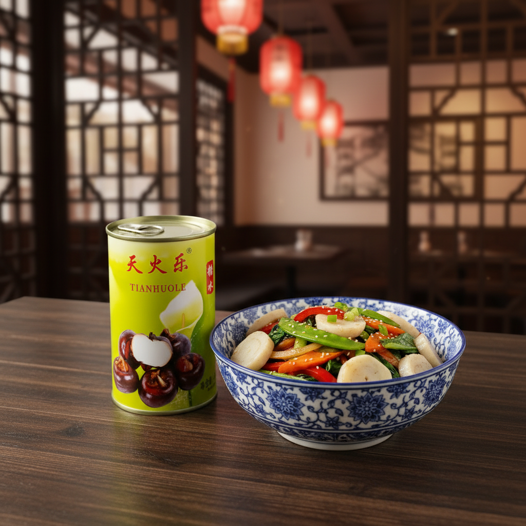 Mei Wei: Castanha d'água enlatada Tianhuole 425g ao lado de refogado de legumes asiáticos em restaurante chinês tradicional - pak choi, pimentão, vagem e molho shoyu