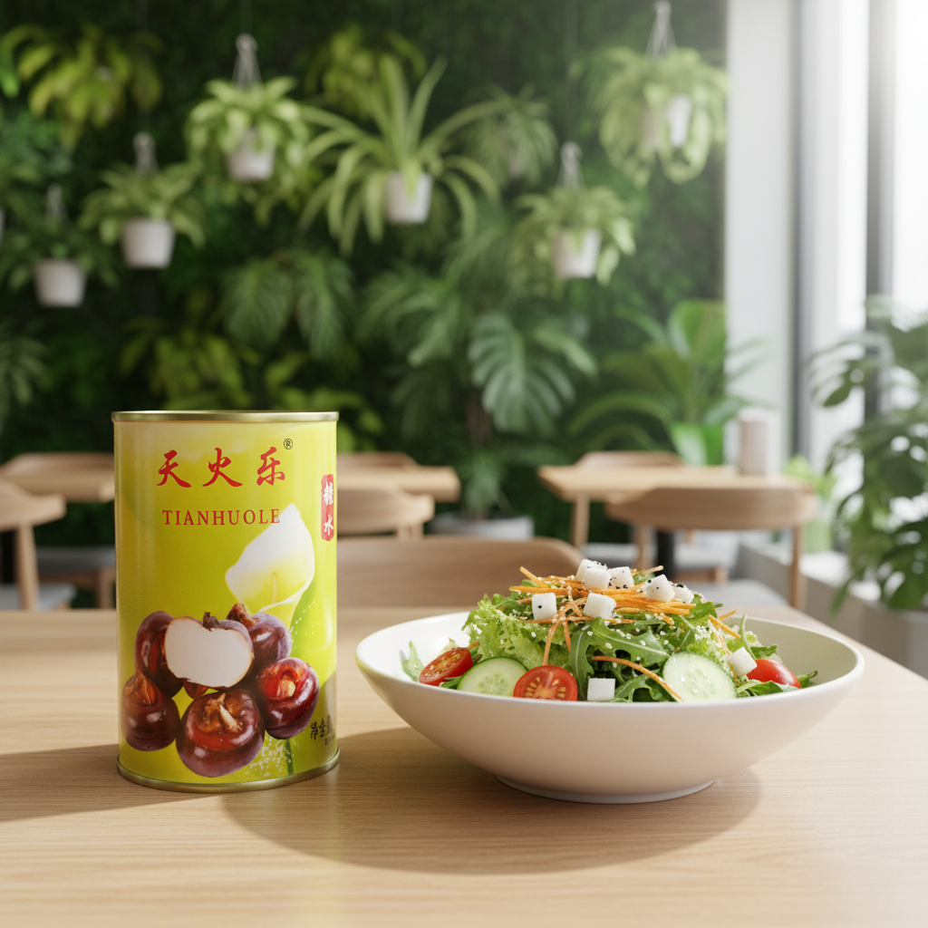 Mei Wei: Castanha d'água enlatada Tianhuole 425g ao lado de salada fresca em restaurante vegetariano moderno - opção saudável e sustentável com vegetais e castanhas crocantes.