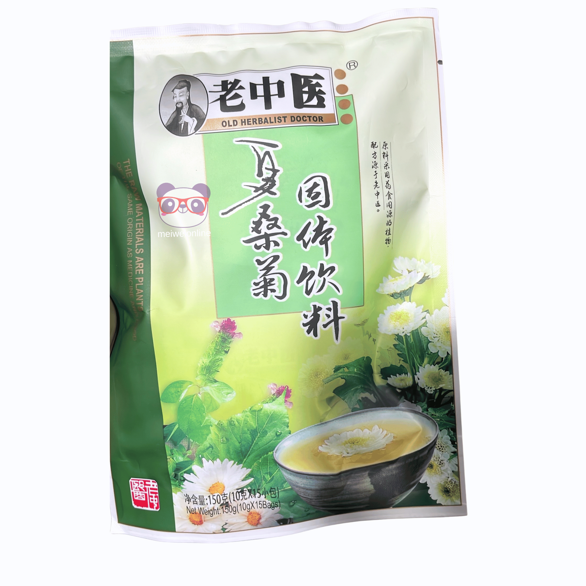 Embalagem de chá chinês de crisântemo Old Herbalist Doctor 150g – produto tradicional, flores ilustradas, disponível na Mei Wei.