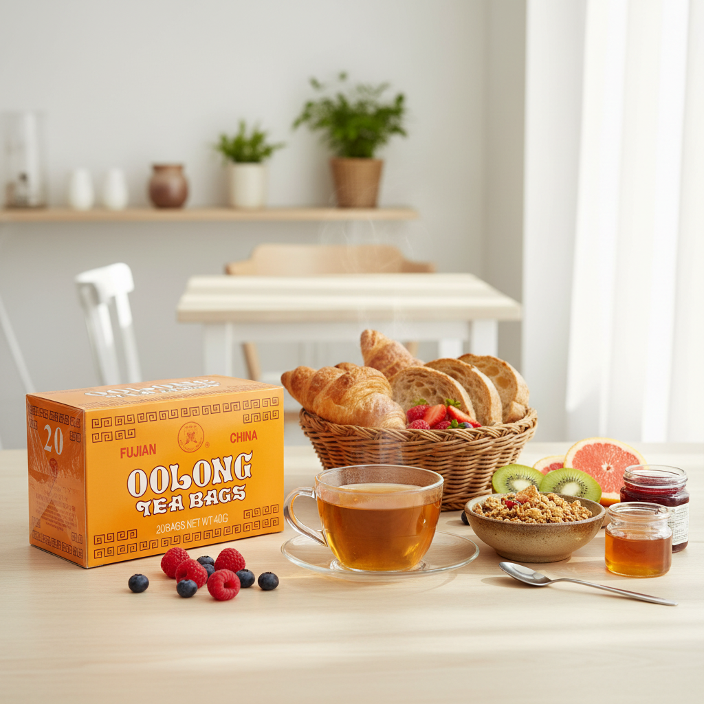 Mei Wei: Chá de Oolong Tea Fujian 20 sachês 40g em mesa de brunch - café da manhã saudável com chá chinês