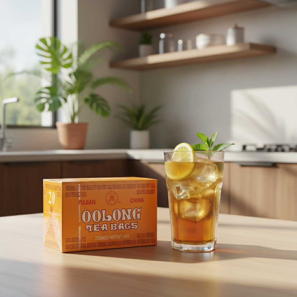 Mei Wei: Chá de Oolong Tea Fujian 20 sachês 40g servido gelado em cozinha brasileira - iced tea refrescante no estilo tropical brasileiro