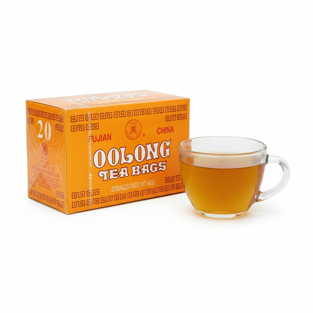 Mei Wei: Chá de Oolong Tea Fujian 20 sachês 40g com xícara de chá preparado mostrando cor âmbar dourada - chá chinês tradicional