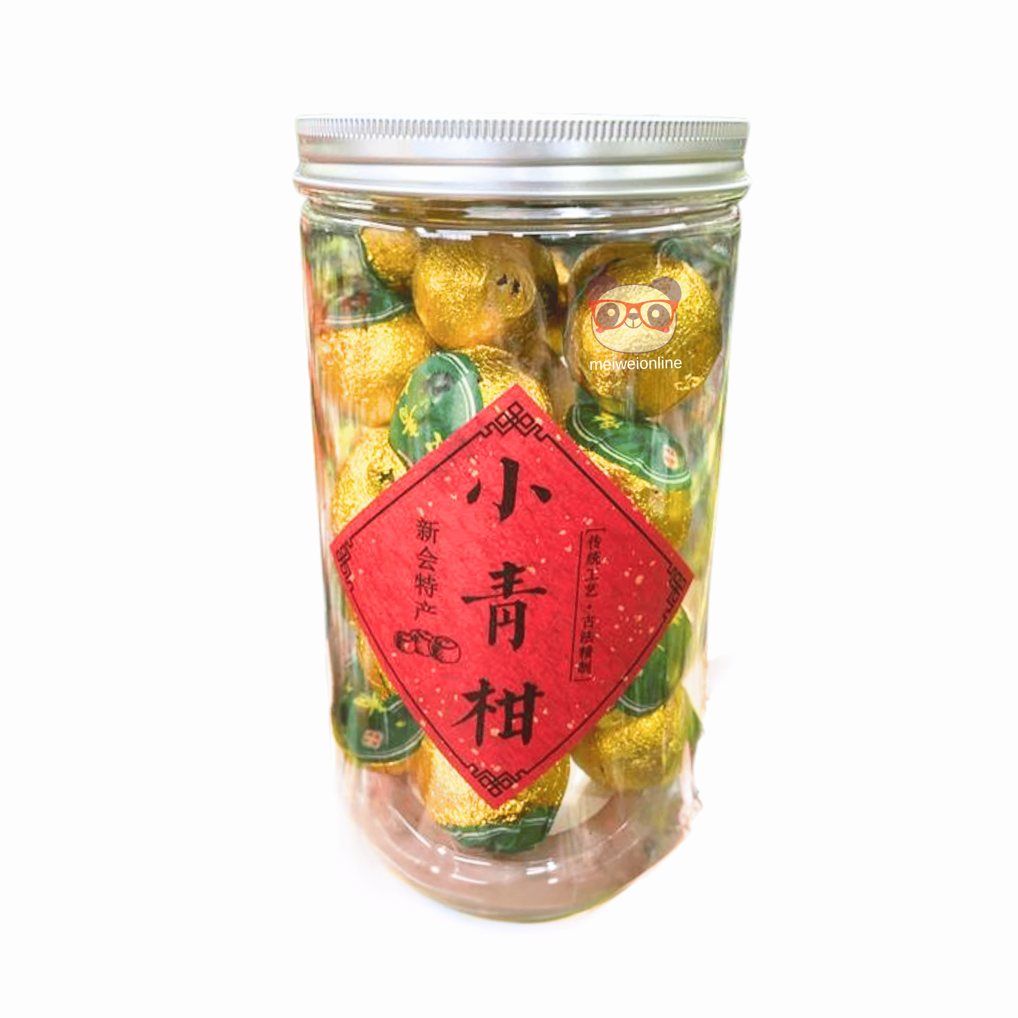 Frasco de chá Pu Erh mini tangerina Xiao Qing Gan 小青柑 – embalagens douradas individuais, produto chinês tradicional disponível na Mei Wei.