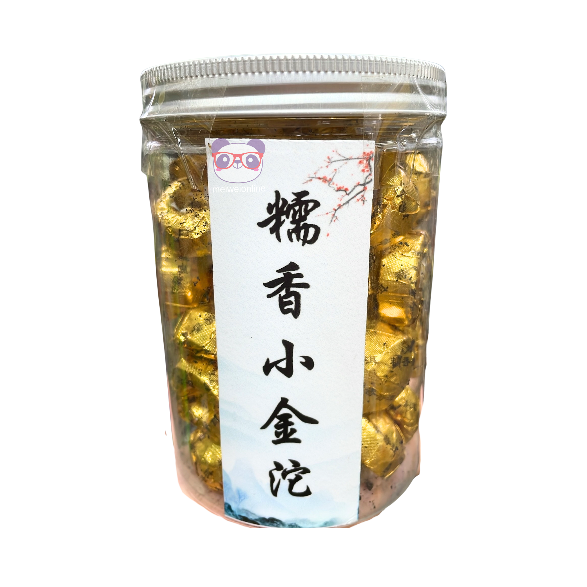 Pote transparente com pastilhas de chá Pu-erh aroma de arroz glutinoso 糯香小金沱, embaladas em papel dourado, embalagem 200g