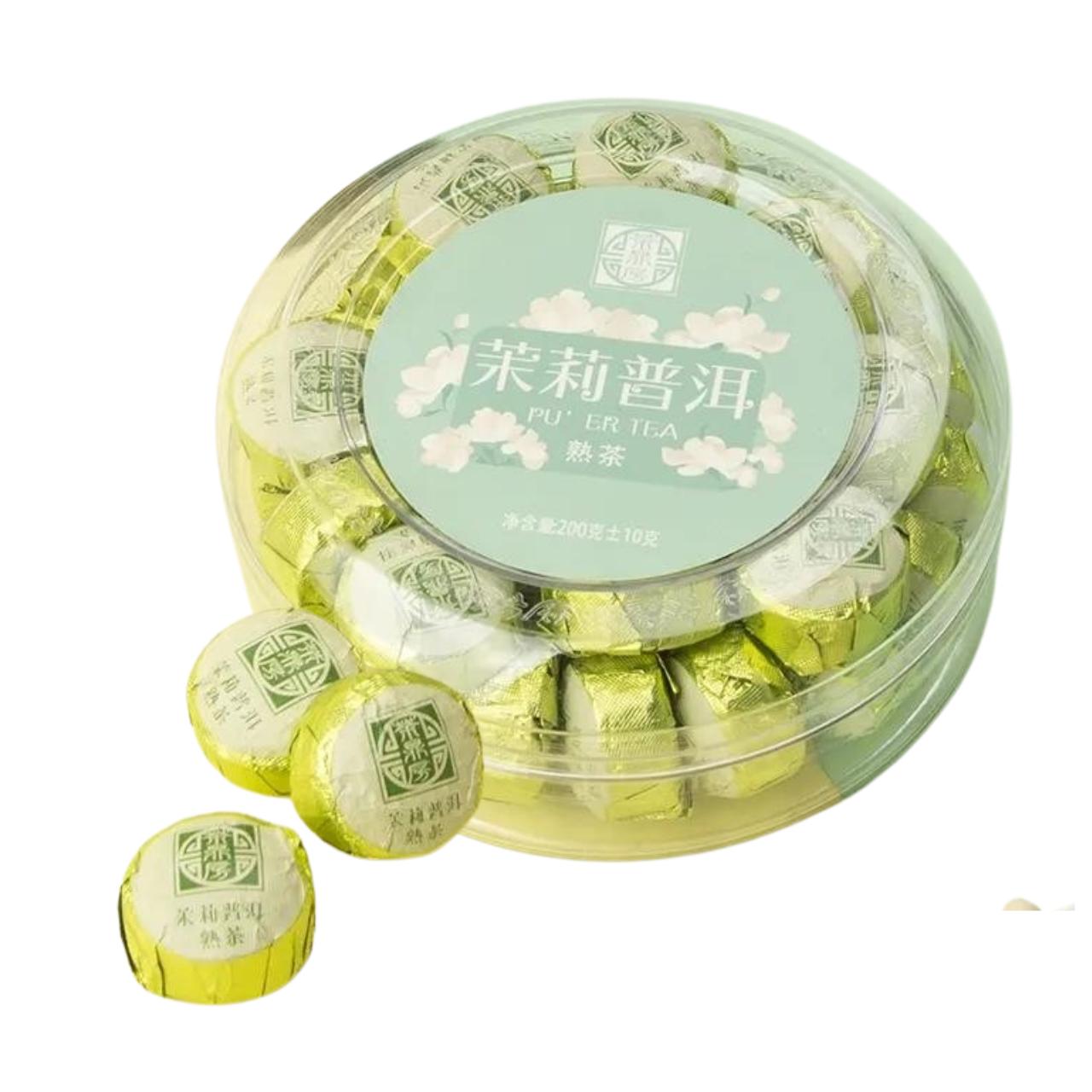 Embalagem redonda de chá Pu-erh com jasmim 茉莉普洱, pastilhas de chá embaladas individualmente em papel verde, pote 200g