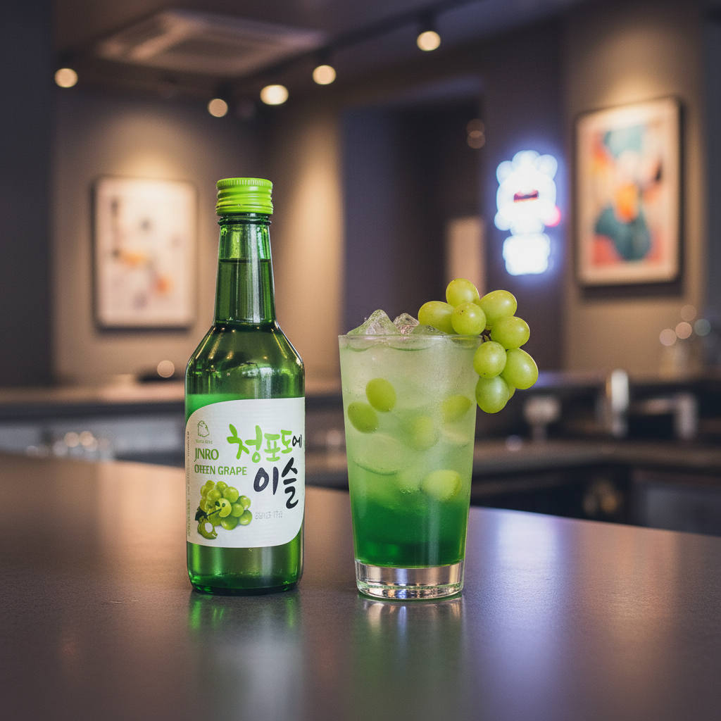 Mei Wei: Drink com Soju de Uva Verde Jinro (청포도 이슬) - coquetel refrescante com gelo e cacho de uvas verdes em copo alto ao lado da garrafa em lounge moderno com arte contemporânea