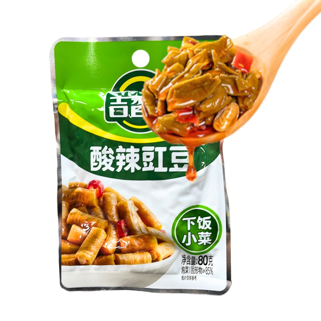 Feijão longo em conserva sabor azedo e picante 酸辣豇豆 em pacote 80g, acompanhamento chinês para comer com arroz Mei Wei
