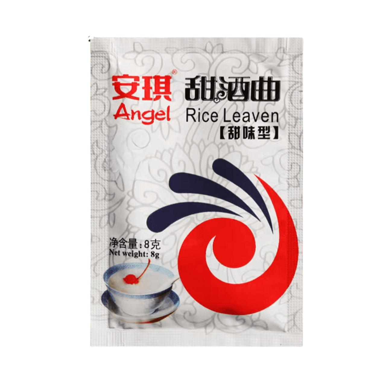 Sachê de fermento para vinho de arroz doce 安琪 Angel Rice Leaven 甜酒曲 甜味型, embalagem branca com logo vermelho e azul, 8g Mei Wei