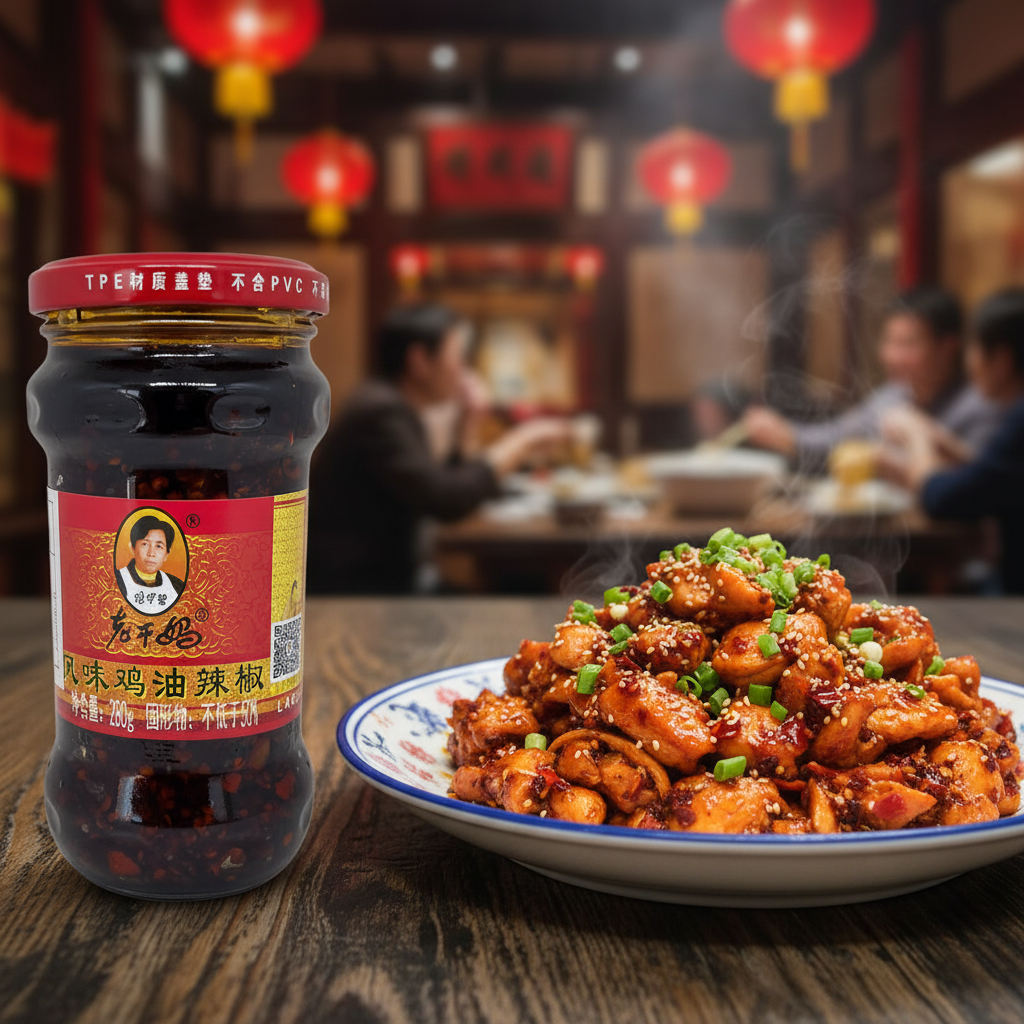 Mei Wei: Prato de frango salteado com molho de pimenta de frango Lao Gan Ma (老干妈风味鸡油辣椒) - receita asiática com gergelim e cebolinha em restaurante tradicional chinês