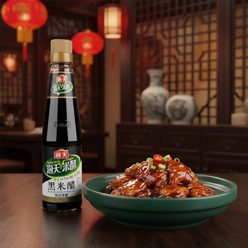 Mei Wei: Receita de frango com vinagre de arroz preto Haday (海天黑米醋) - frango em pedaço com cebolinha e gergelim em tigela verde em restaurante tradicional chinês com lanternas vermelhas