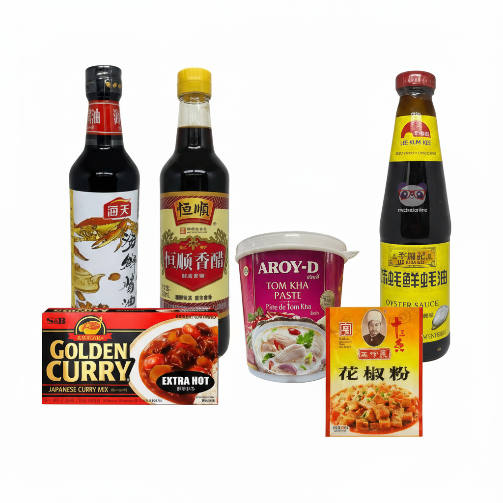 Mei Wei: Kit Cozinha Asiática Essencial com Golden Curry S&B, Tom Kha Aroy-D, Molho de Ostra Lee Kum Kee, Shoyu Haday, Vinagre Preto HengShun e Hua Jiao