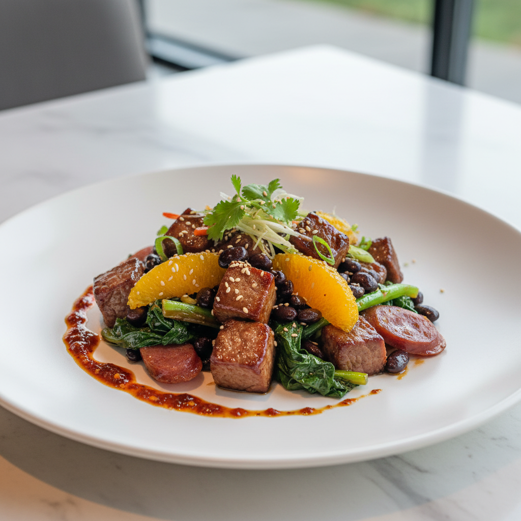 Mei Wei: feijoada com influência chinesa preparada com Kit Essencial Cozinha Asiática, carne, feijão preto, laranja, espinafre e gergelim