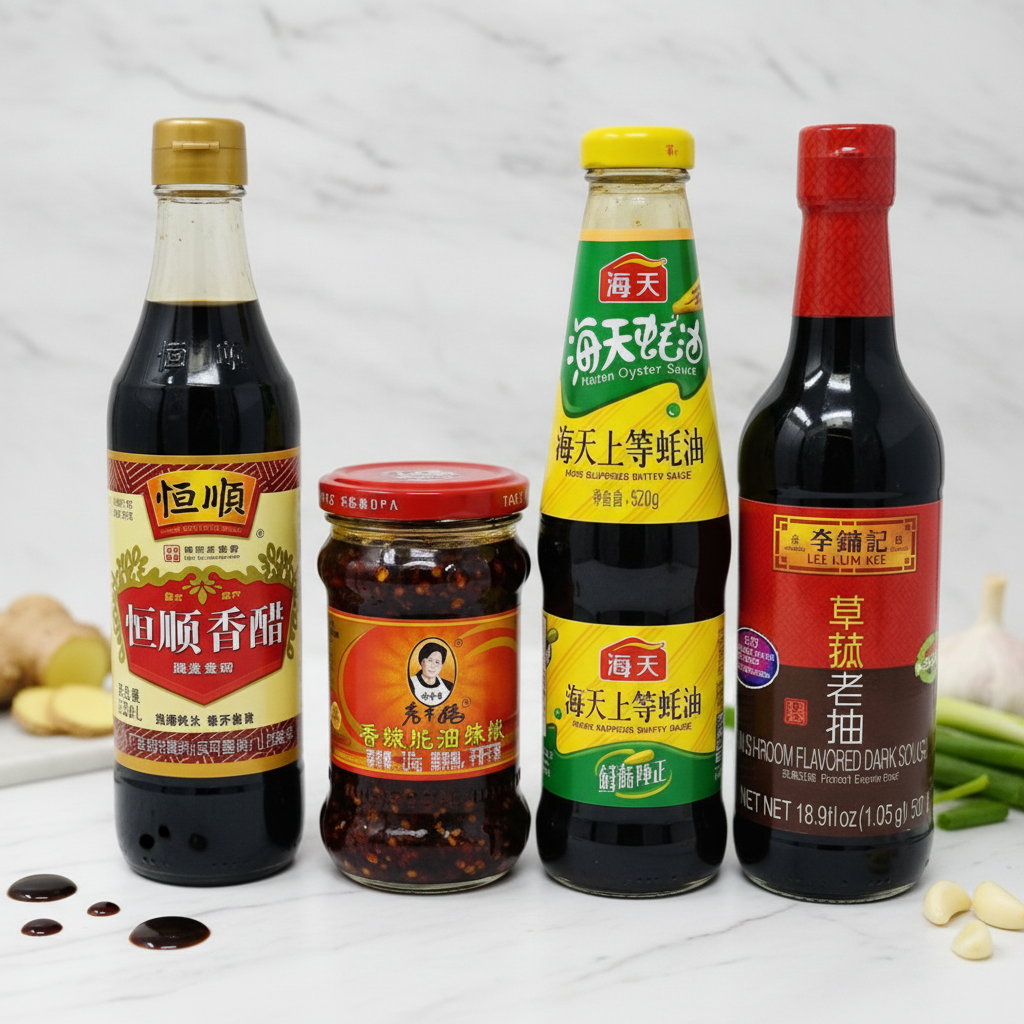 Mei Wei: close dos 4 molhos premium do Kit Essencial Cozinha Asiática mostrando texturas e cores - shoyu, molho de ostra, vinagre de arroz e pimenta crispy