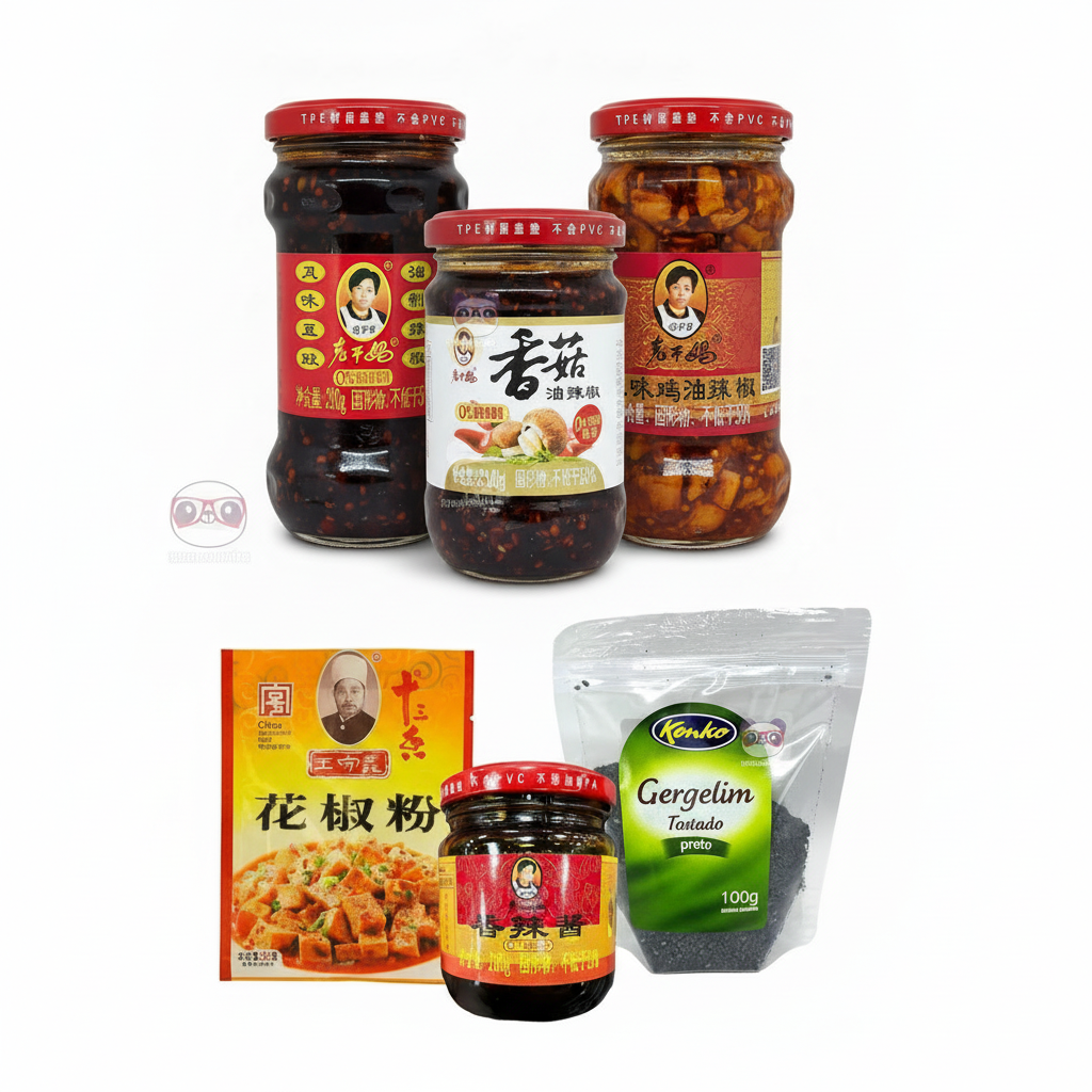Mei Wei: Kit Lao Gan Ma — Coleção de Molhos com 6 produtos — Lao Gan Ma tradicional, frango, cogumelo, aromático, Hua Jiao e Gergelim Preto