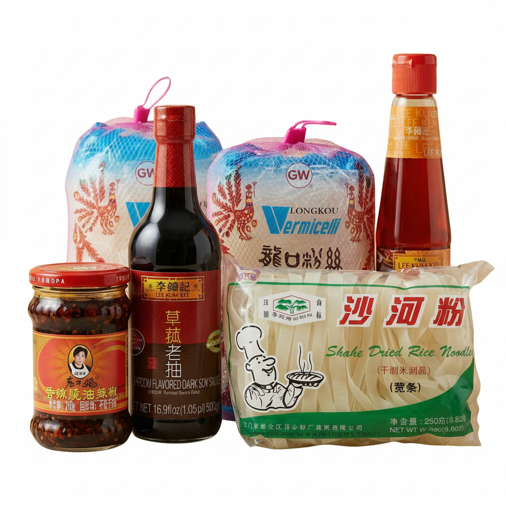 Mei Wei: Kit Macarrão Asiático Premium com vermicelli, noodles de arroz, molho shoyu, pimenta crispy e óleo de gergelim em fundo branco