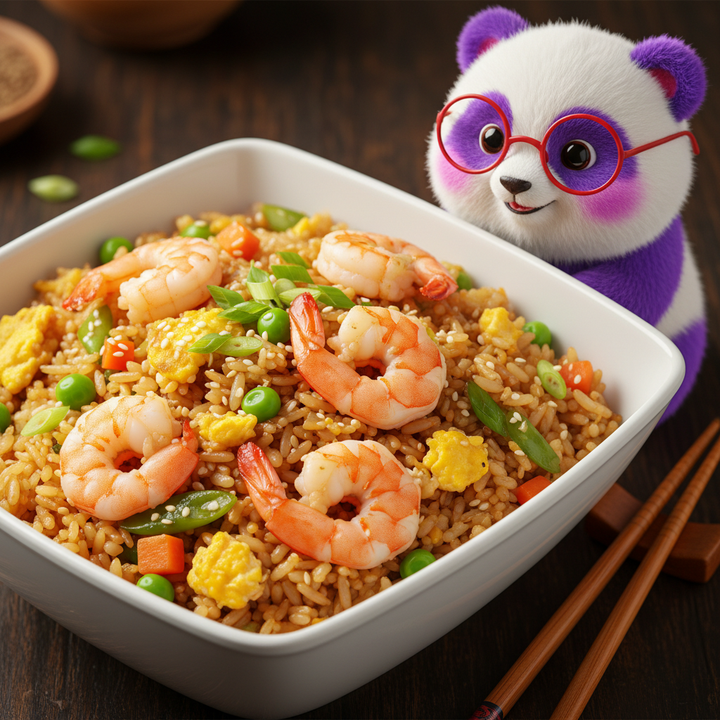 Mei Wei: Arroz frito com shoyu escuro, óleo de gergelim e tempero asiático