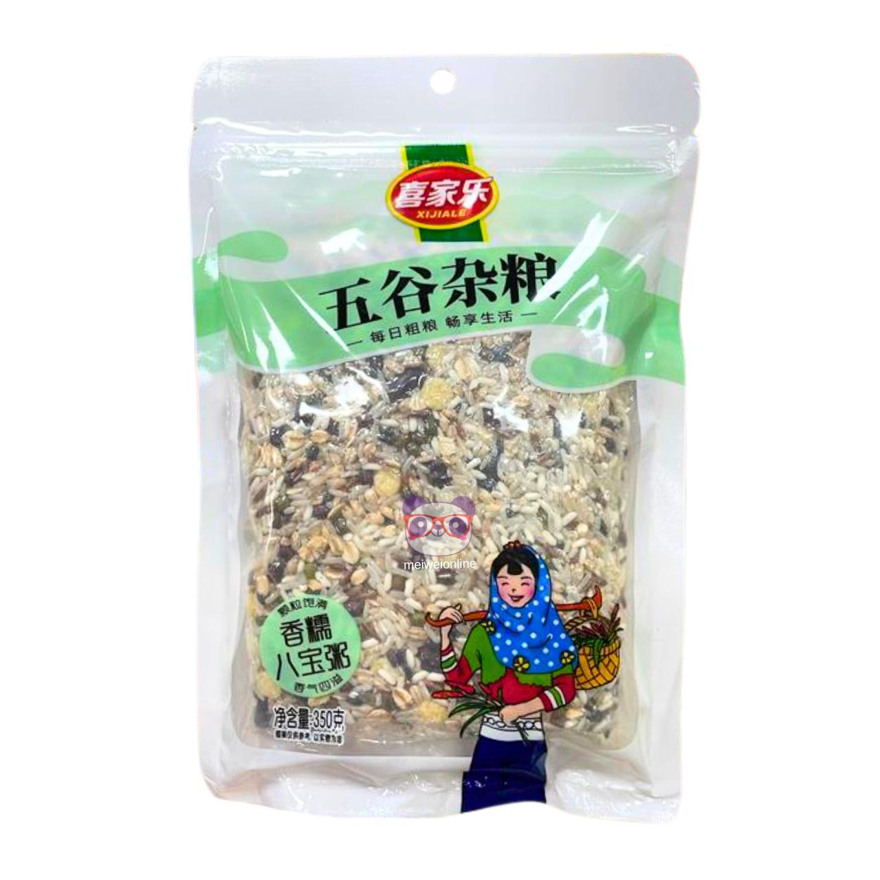 Embalagem Xijiale de mistura de grãos chineses 五谷杂粮 para mingau 香糯八宝粥, pouch transparente com 350g de arroz e cereais variados Mei Wei