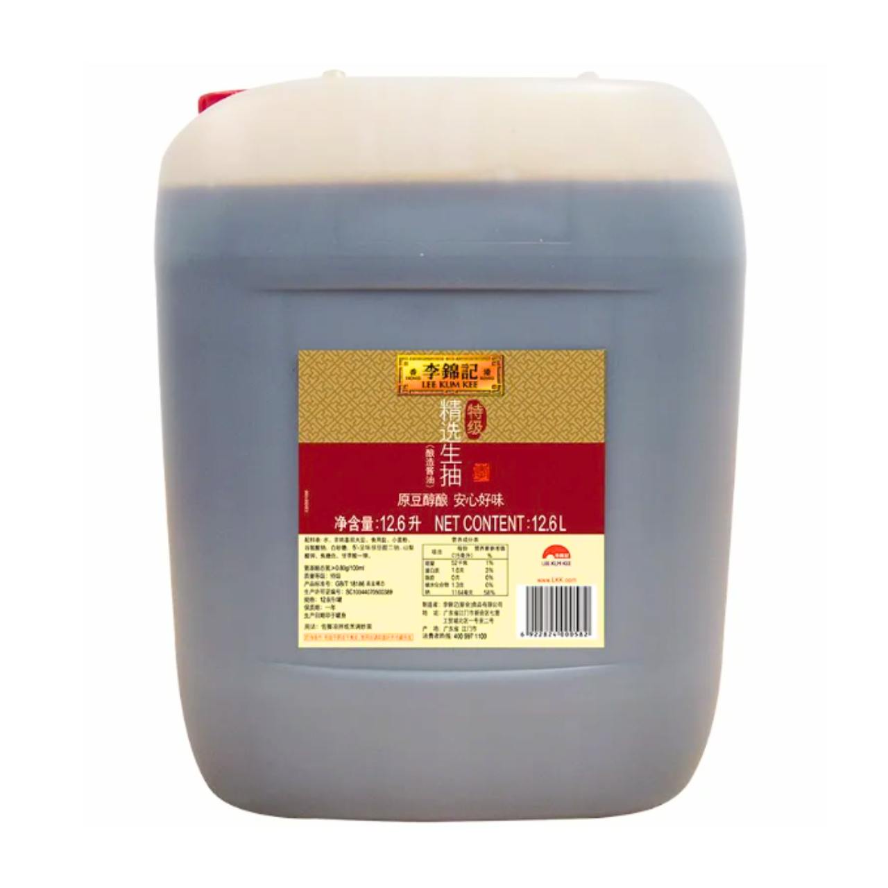 Galão de 12,6L de molho de soja claro premium Lee Kum Kee, rótulo vermelho e dourado com informações nutricionais em chinês e inglês Mei Wei