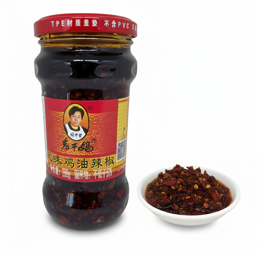 Mei Wei: Molho de pimenta de frango Lao Gan Ma 280g (老干妈风味鸡油辣椒) servido em prato branco ao lado do vidro - tempero chinês com óleo de frango e pimenta
