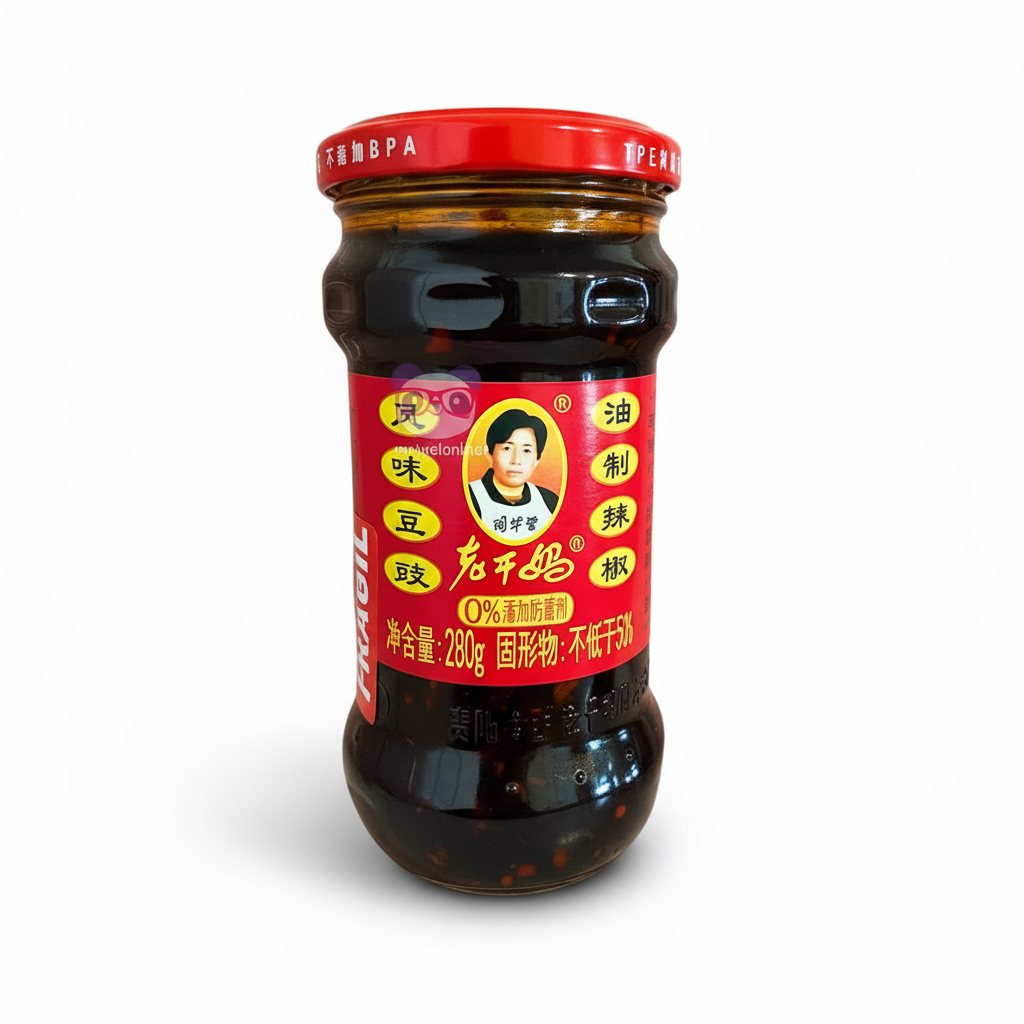 Mei Wei: Molho de pimenta tradicional Lao Gan Ma 280g com feijão preto fermentado (老干妈风味豆豉) - tempero asiático picante em vidro com tampa vermelha.