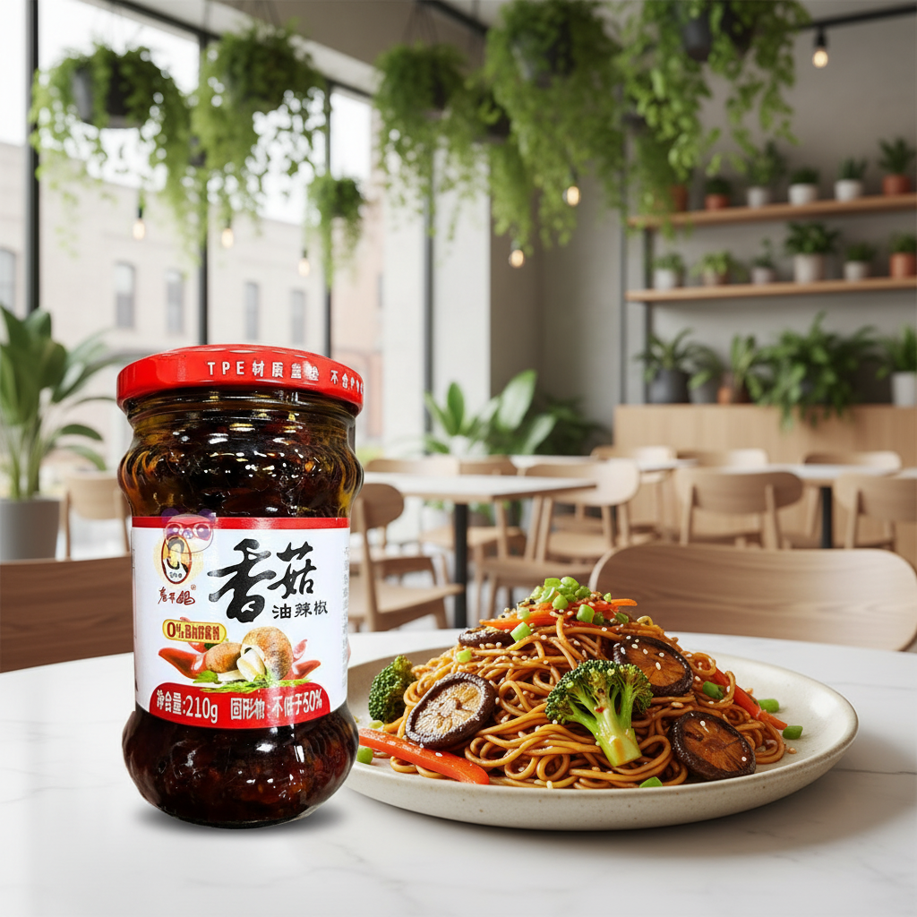 Mei Wei: Noodles salteado com molho de pimenta e cogumelo Lao Gan Ma (老干妈香菇油辣椒) - macarrão asiático com vegetais, brócolis e cenoura em café moderno com plantas