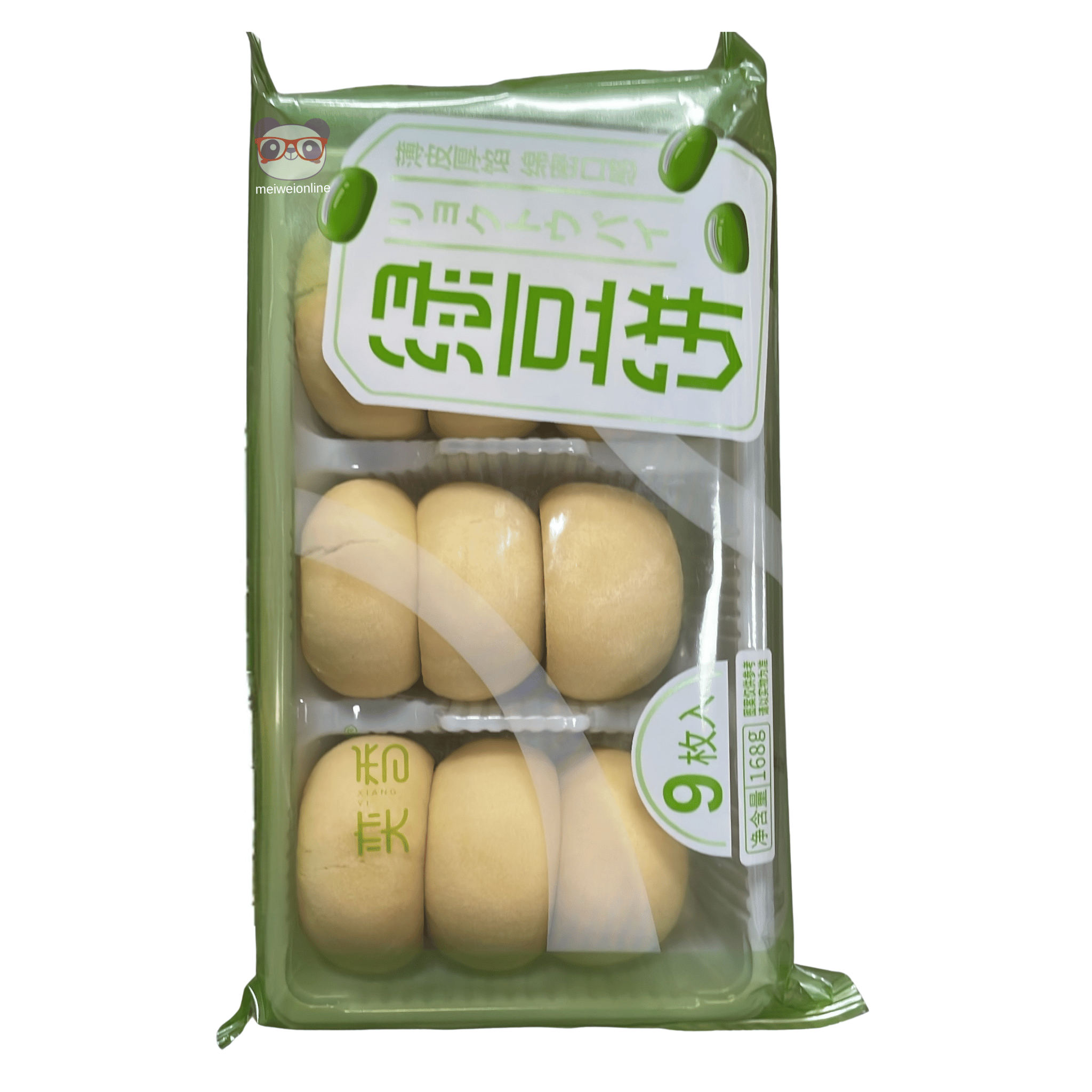 Pãezinhos chineses de leite tipo mantou em embalagem verde com 9 unidades, peso líquido 168g