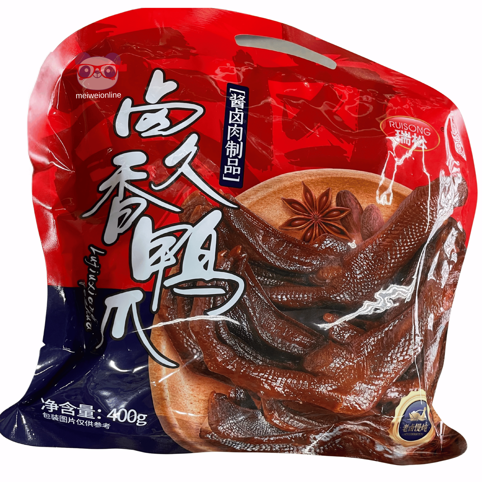 Pé de pato cozido ao molho Ruisong (瑞松卤香鸭掌) 400g – petisco oriental pronto para consumo