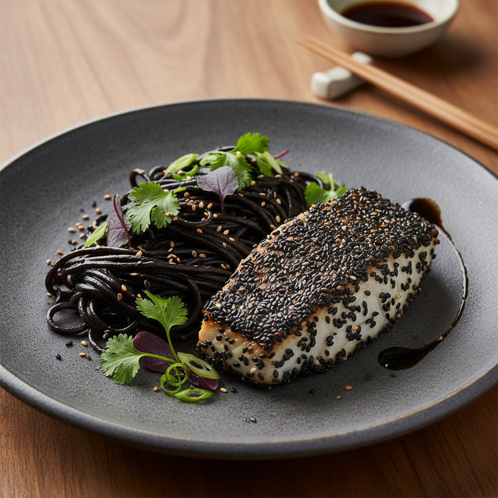 Mei Wei - Peixe grelhado coberto com gergelim preto torrado servido com macarrão preto em prato cinza.