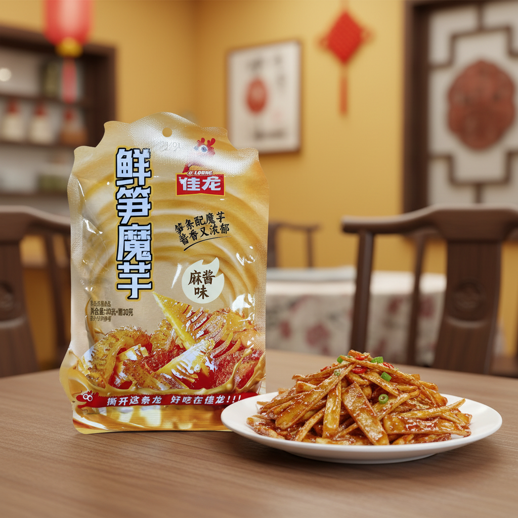 Petisco de Konjac com Broto de Bambu Molho de Gergelim 80g - 佳龙 鲜笋魔芋 麻酱味