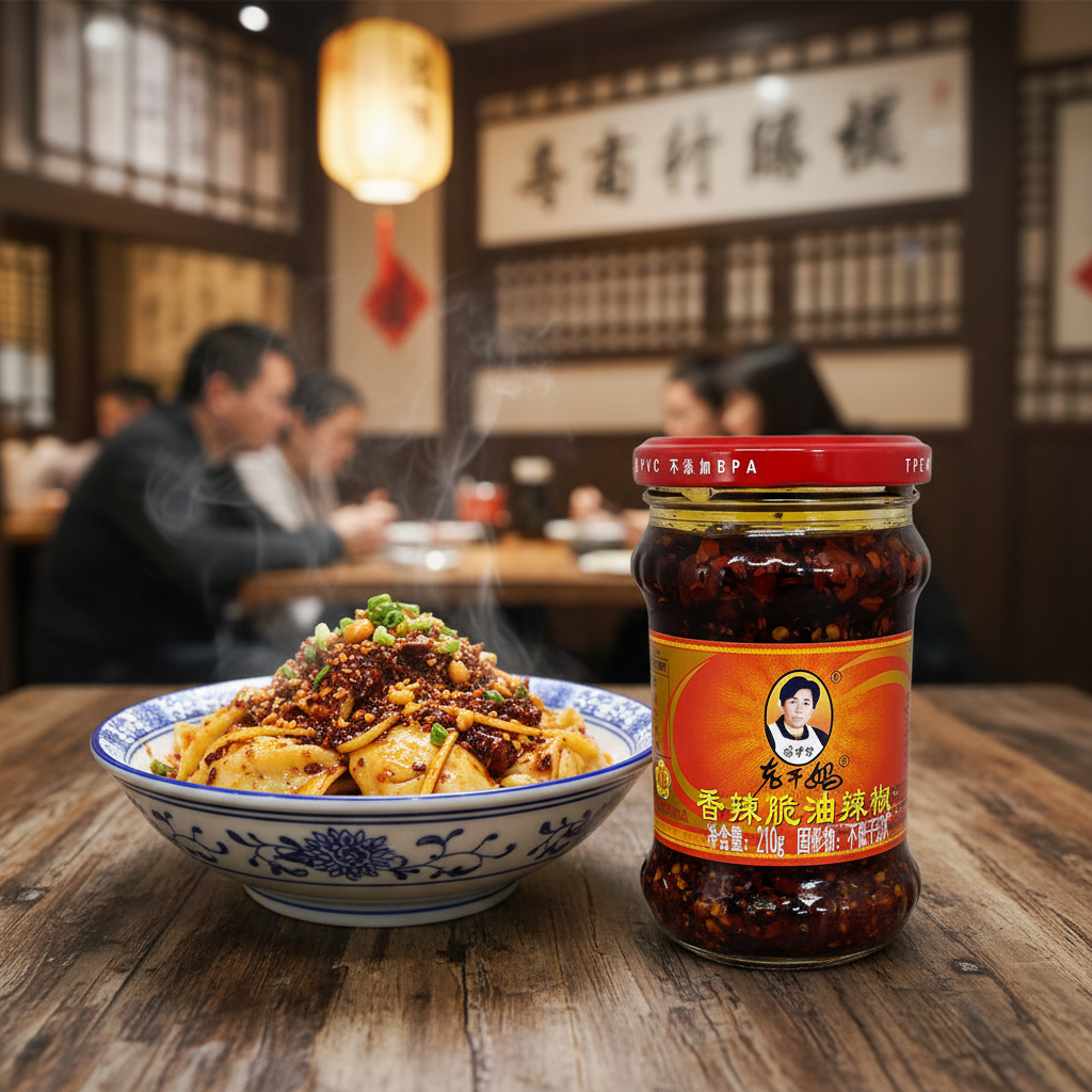 Mei Wei: Pimenta Chilli Crispy Lao Gan Ma 210g com macarrão em restaurante chinês tradicional - molho de pimenta autêntico para noodles