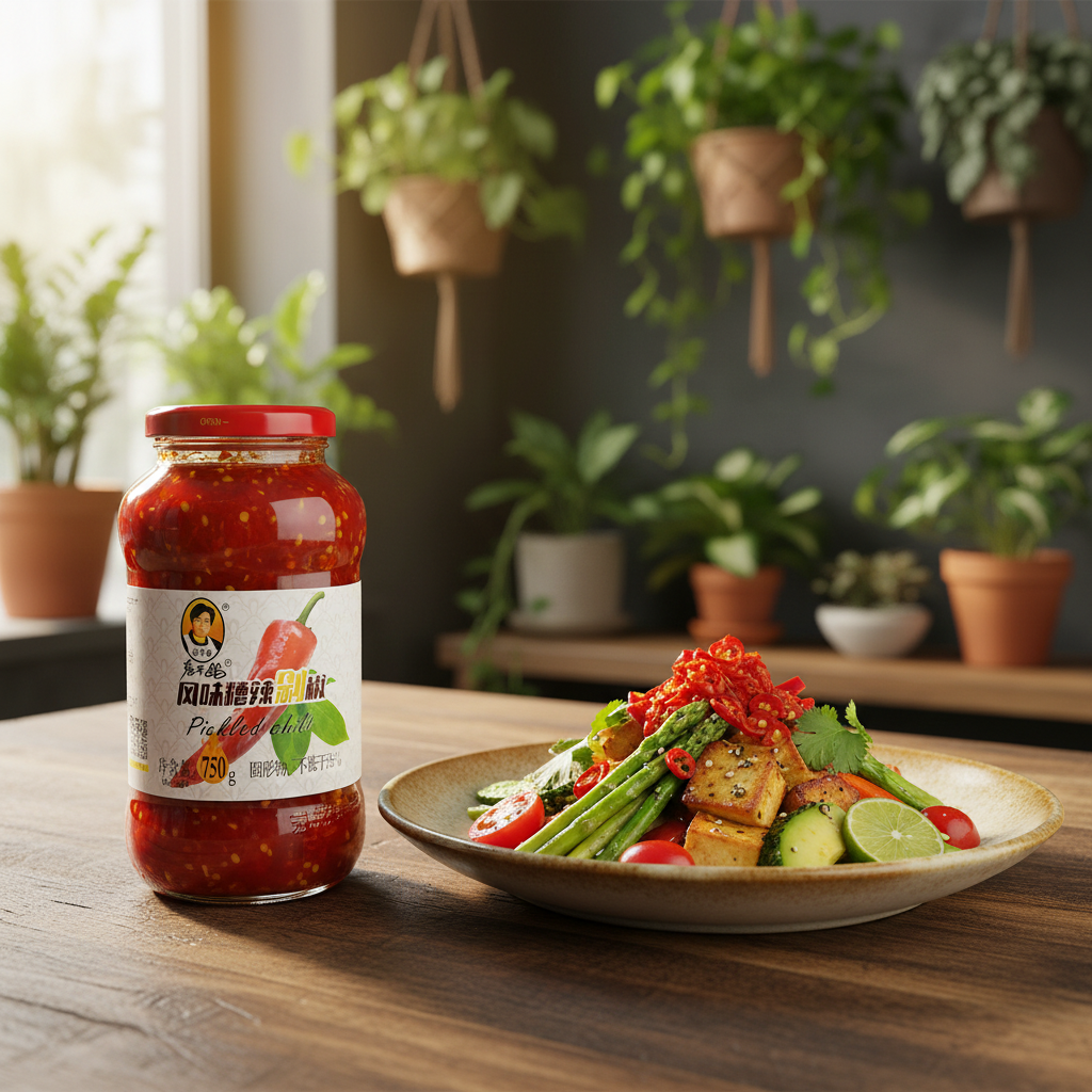 Mei Wei: Salada asiática com tofu e molho de pimenta picada Lao Gan Ma (老干妈风味糟辣剁椒) - prato com pepino, vagem, cebolinha e pimenta vermelha em cozinha com plantas