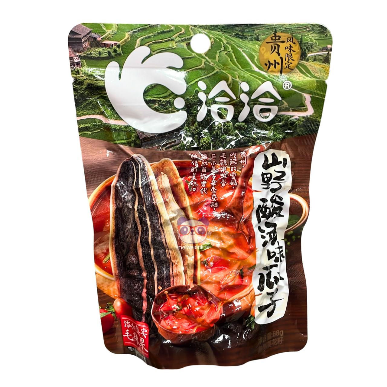 Embalagem de salgadinho chinês em tiras sabor sopa azeda picante de Guizhou 山野酸汤味肚子, pacote 88g Mei Wei