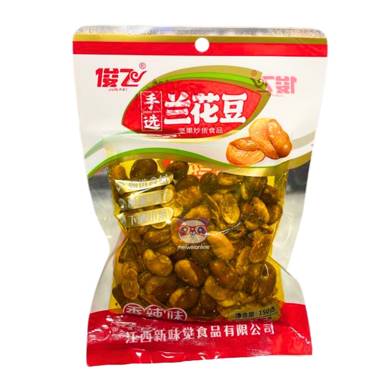 Embalagem vermelha de salgadinho de feijão fava crocante doce 兰花豆 Jun Fei, grãos dourados fritos e temperados em pacote 150g