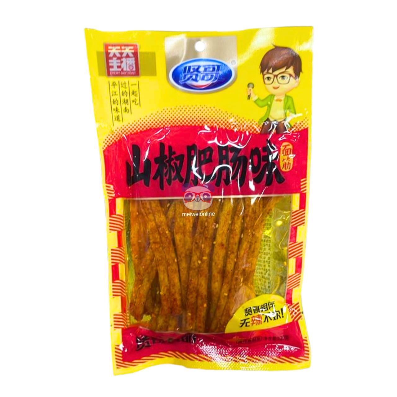 Embalagem amarela e vermelha de salgadinho chinês de glúten de trigo sabor intestino picante 山椒肥肠味, palitos temperados dispostos em pacote plástico Mei Wei