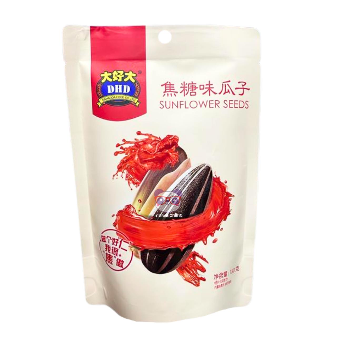 Embalagem DHD de semente de girassol sabor caramelo 焦糖味瓜子 Sunflower Seeds, pacote stand-up creme com faixa vermelha e ilustração das sementes, 158g