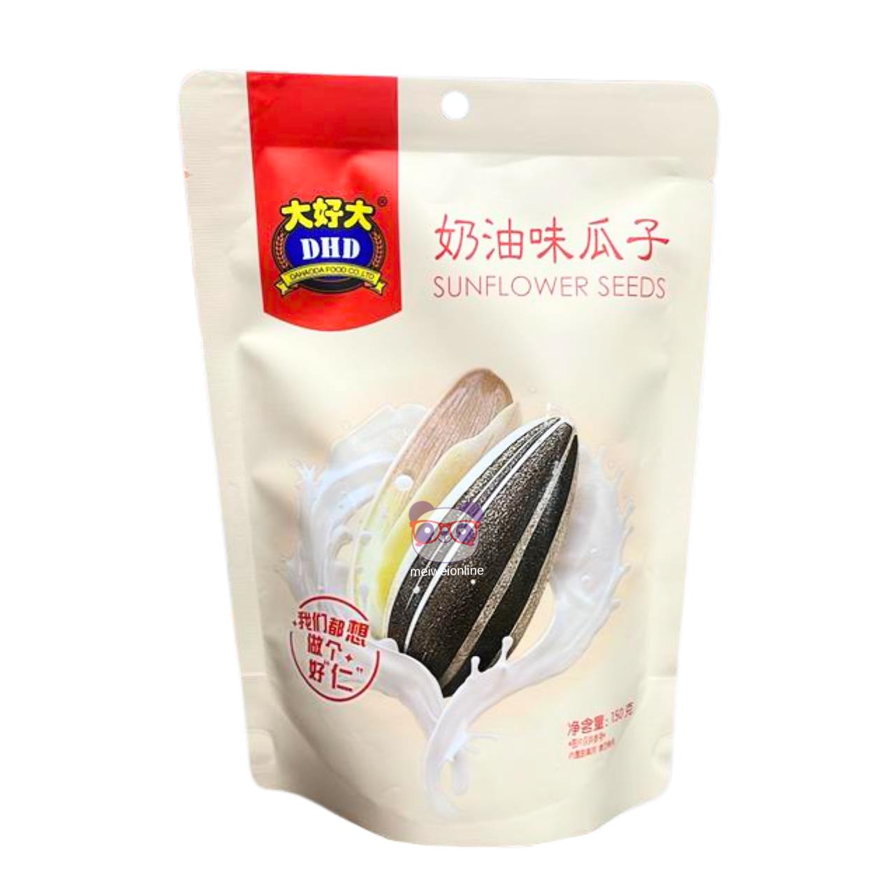 Embalagem DHD de semente de girassol sabor nata 奶油味瓜子 Sunflower Seeds, pacote stand-up creme com ilustração das sementes, 158g