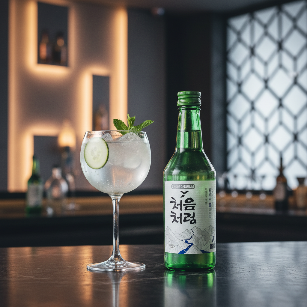 Mei Wei: Soju Original Chum Churum com drink refrescante em taça gin decorado com pepino e menta em bar sofisticado com iluminação dourada