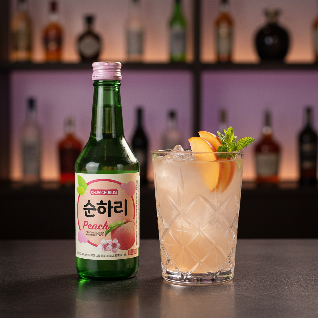 Mei Wei: Soju Pêssego Chum Churum com drink refrescante em copo baixo com gelo, fatias de pêssego e menta em bar sofisticado