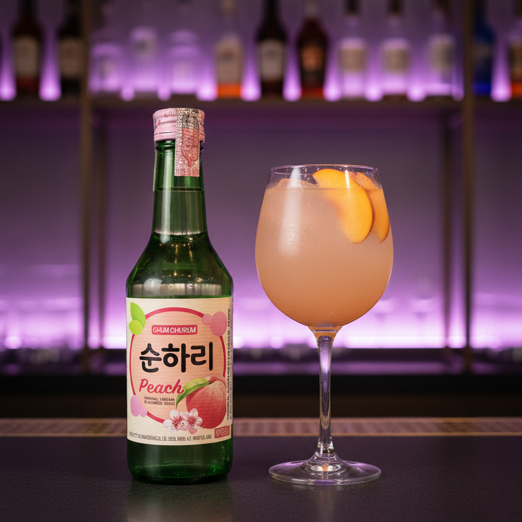 Mei Wei: Soju Pêssego Chum Churum com drink refrescante em taça grande decorado com fatias de pêssego em bar premium com iluminação roxa