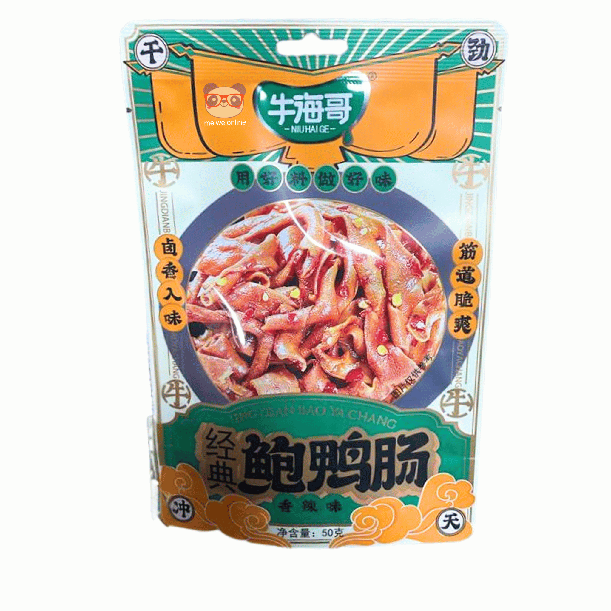Mei Wei Petisco chinês de tripinha de pato picante Niu Hai Ge 经典鲍鸭肠 香辣味 embalagem 50g