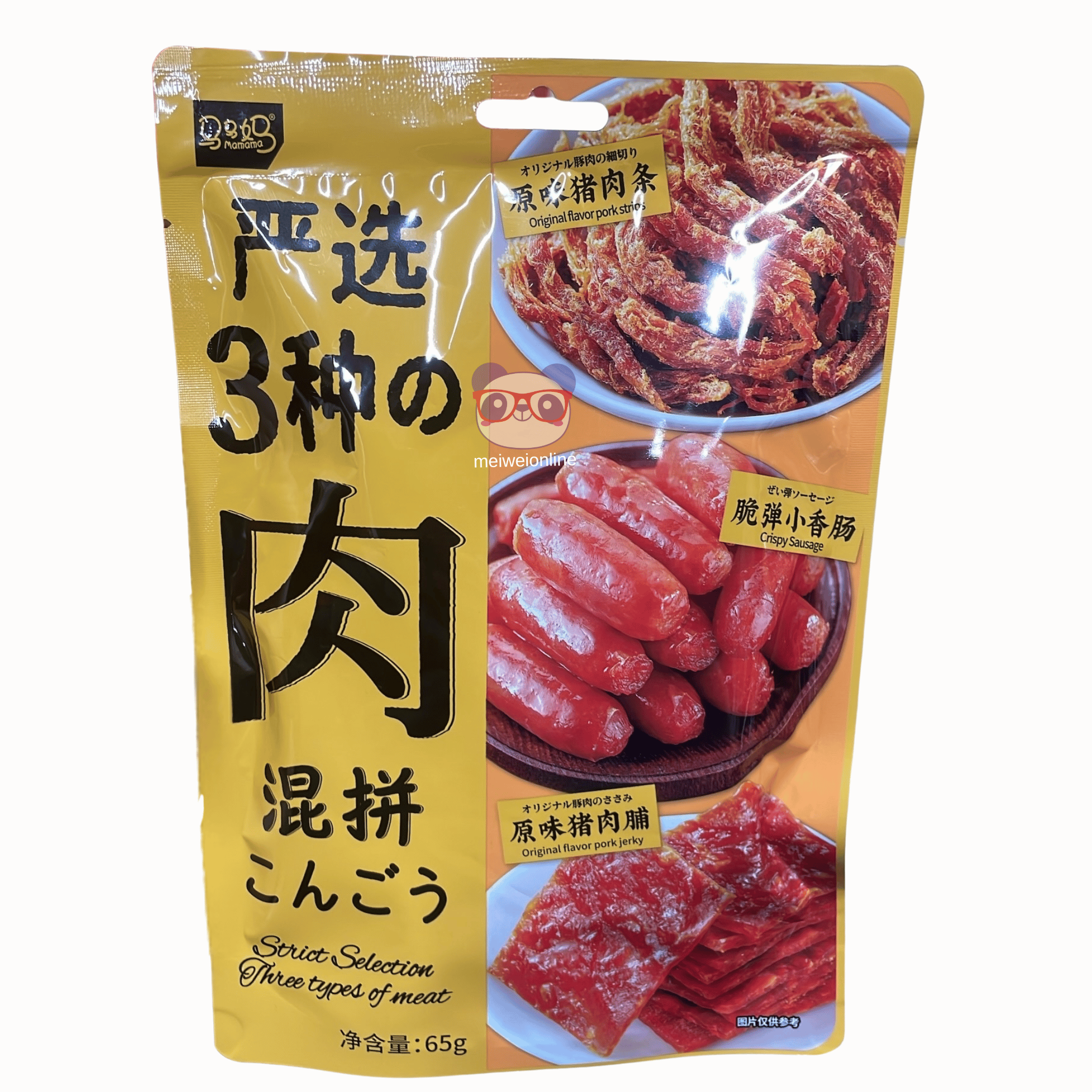 Mei Wei Embalagem de mix de carnes orientais Nasida 65g com palitos, linguiça crocante e jerky de porco